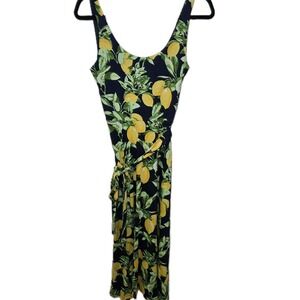 NWT LOFT Lemon Novelty Print Dress XS Navy Citrus Tie Waist Belted Summer